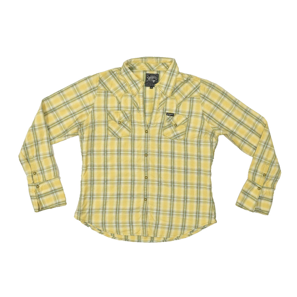 Southern Thread Women Western Snap Shirt XL Yellow Plaid Pearl Snaps 100% Cotton